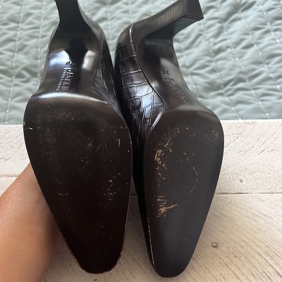Gently used Ralph Lauren Dark Brown Faux Croc pattern heels size 7 - Picture 2 of 6